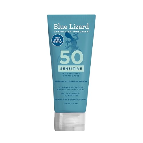 Blue Lizard SENSITIVE Mineral Sunscreen with Zinc Oxide, SPF 50+, Water Resistant, UVA/UVB Protection with Smart Cap Technology – Fragrance Free, 3 oz. Tube