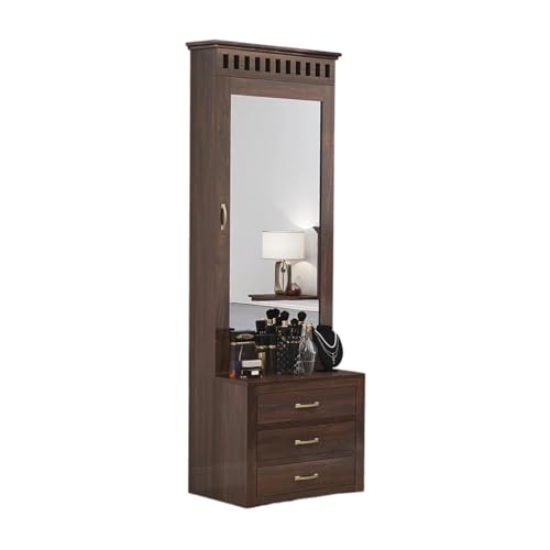 Image of Solid Sheesham Wood Dressing Table with Storage Mirror & 3 Drawers, & 1 Door Storage for Living Room Bedroom Wooden Make Up Vanities Dresser for Bedroom Home (Walnut Finish)