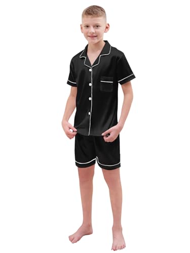 Schbbbta Kids Satin Pajamas, 2 Pcs Sleepwear Short Sleeve Silky Summer Pajama Set for Teen Boys and Girls, Black, 7-8 Years = Tag 1403