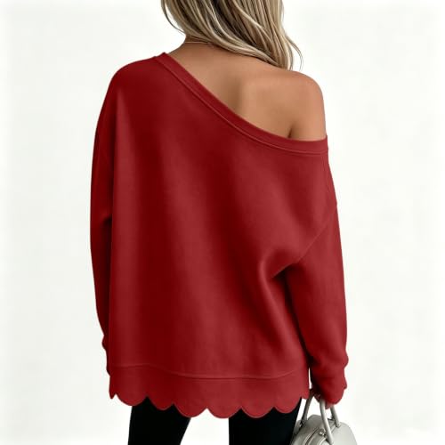 Off Shoulder Sweatshirt for Women Cotton Scalloped Hem Trendy Sweat Shirt - image 5