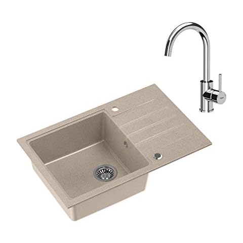 VBChome Spüle mit Armatur 78 x 50 cm Tiefes Becken 20cm Beige Küche Große Abtropfflache Einbauspüle Unterschränke ab 55 cm Verbundspüle Küchenspüle Einzelbecken + Siphon Wasserhahn Chrom Cover