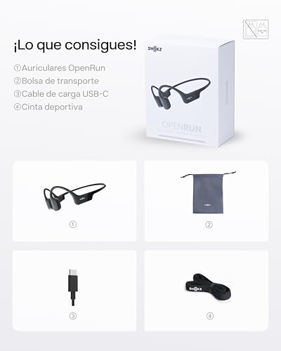 SHOKZ OpenRun Auriculares Conducción Ósea, Deportivos Inalámbricos Bluetooth con Micrófono Cancelación de Ruido, Open-Ear de Oído Abierto, Resistentes al Agua IP67 para Correr, USB-C, Negro