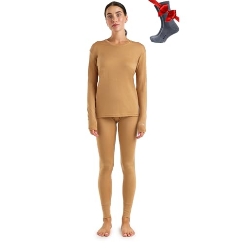 Merino.tech 100% Merino Unterwäsche Damen Set - Leicht Funktionsunterwäsche Merinowolle, Langarm Shirt und Hose + Wandersocken aus Merinowolle (X-Small, LITE 165 Camel)