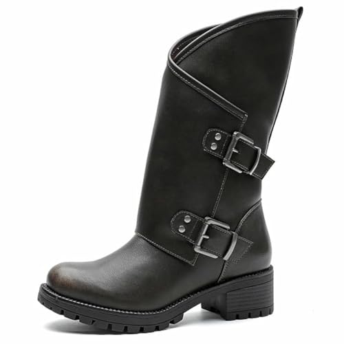 GLOBALWIN Women's Motocycle Boots Distressed Brown Boots For Women Fashion Dressy Mid Calf Comfortable Chunky Heel Size 5.5M - image 1