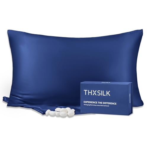 Image of THXSILK 25mm 100% Pure Mulberry 6A+ Silk Pillowcase for Hair & Skin with Zipper Closure, Cooling, Natural, Organic, Double Sided Silk Pillow Case with Gift Box(Navy Blue, Queen 20 inchx30 inch, 1pc)