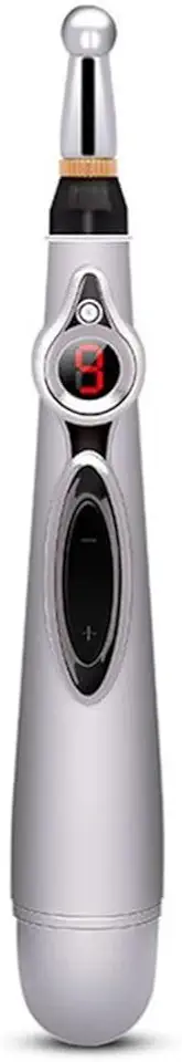 Caneta Eletrônica de Acupuntura, Prata, 19cm, Display Digital, 9 Intensidades, Terapia Meridiana, 2 Cabeças Massageadoras, Tratamento de Dor, Pilha AA