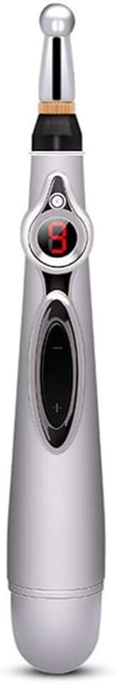 Caneta Eletrônica de Acupuntura, Prata, 19cm, Display Digital, 9 Intensidades, Terapia Meridiana, 2 Cabeças Massageadoras, Tratamento de Dor, Pilha AA