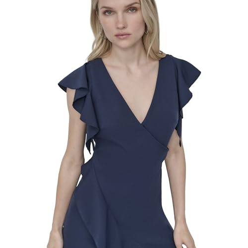 Image of DKNY Women's Ruffle Cap Sleeve Surplice Neck Fit and Flare Midi Dress