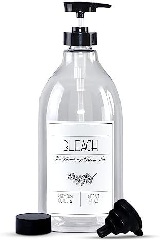 The Farmhouse Room Inc. Bleach Dispenser for Laundry Room - Pump Bottle Dispenser for Liquid Bleach - BPA Free & PET Plastic 1/2 Gallon Soap Dispenser - Waterproof Label Bleach Bottle for 64oz