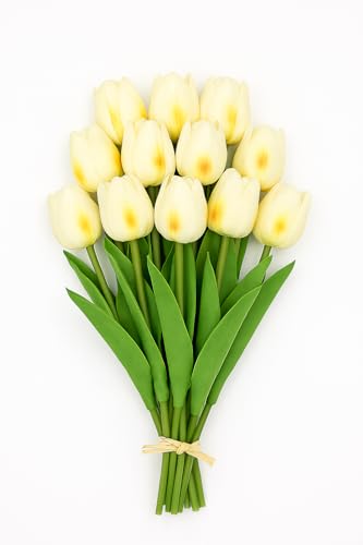 Image of Pink Olive Tulip Flowers Bunches | for Home Decor | Living Room, Corner Table, Bedroom, Wedding Party Decor, Gifting | Real Like Feel, Artificial Flower | Bunch of 05 (Offwhite Tulip)