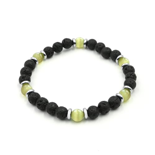 MARARDI Pulsera de Piedra de Lava Volcánica Natural y Ojo de Gato Amarillo 6mm - Energía Positiva, Equilibrio Emocional y Reducción de Estrés, Ajustable, Hombre y Mujer