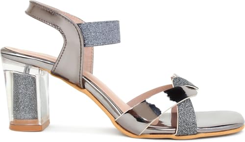 Image of Action Women's Rose Gold Glitter Sandals| Clear Block Heel| Cross-Strap Design with Ankle Strap Bronze