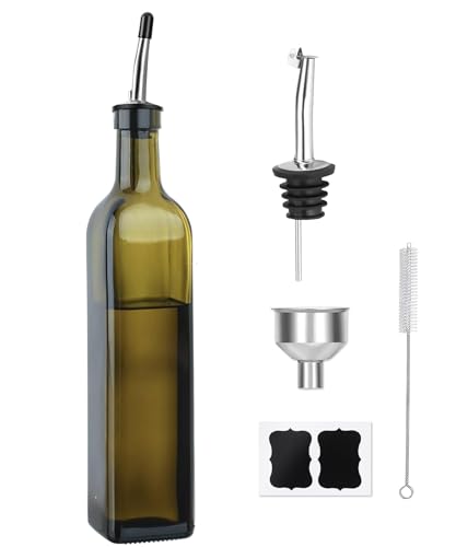 TFPOGOLD Green Olive Oil Dispenser Bottle - 17oz/500ml Glass Oil and Vinegar Bottles Set for Kitchen, Oil Dispenser with 2 Stainless Steel Pourers, Funnel and Brush