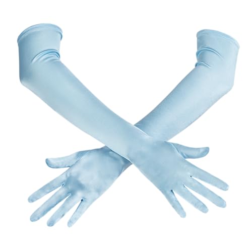 Spooktacular Creations Long Opera Party Gloves, 20s Satin Dress Blue Gloves for Women, Silk Stretchy Elbow Length Bridal Dress, 21 inches