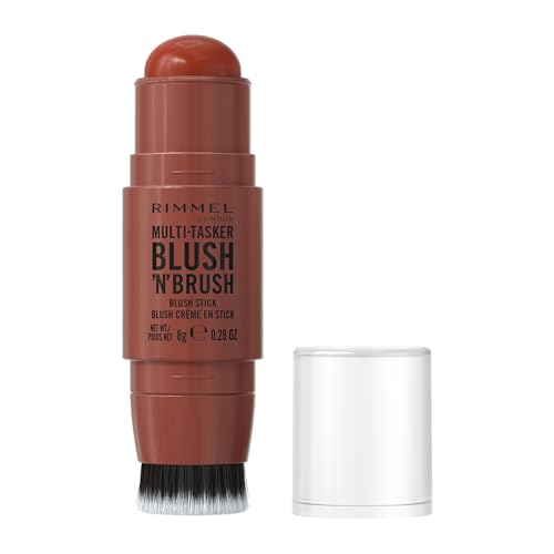 Rimmel Multi Tasker Blush'N'Brush, Dual-Ended Blush Stick with Built-in Brush, Cream-to-Powder Formula for a Smooth, Weightless Finish, Roasted Peach, 8g