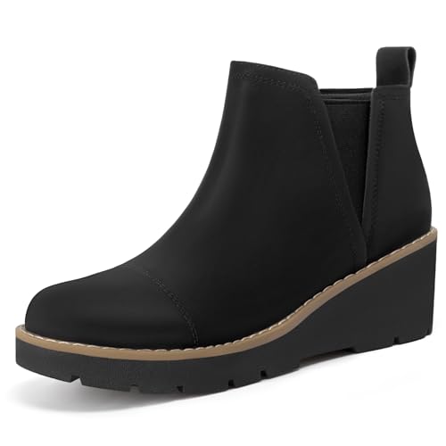 Athlefit Women's Wedge Chelsea Boots Platform Lug Sole Elastic Short Ankle Booties with Side Zipper