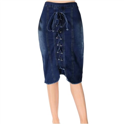 Women Skirts Drawstring Lace Up Summer High-Rise Denim Skirt Patchwork Splicing Western Vintage Skirt
