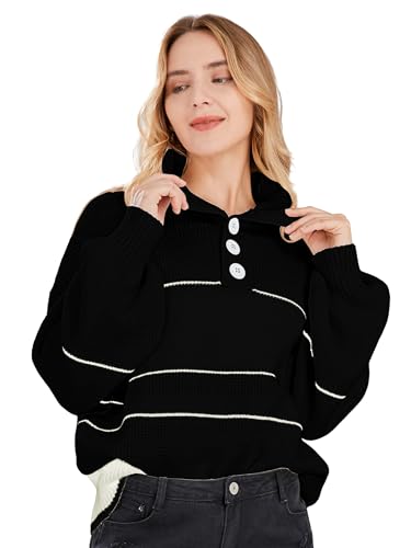 Image of CHARTOU Women's Waffle Knit Knitwear Slouchy Striped Polo Collared Long Sleeve Pullover Sweater Tops