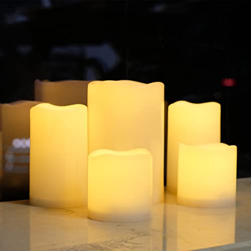 Image of NONNO&ZGF 5 Pack Outdoor Waterproof Flameless Candles, Remote Battery Operated LED Resin Rainproof Pillar Candles (1pcs 4 inch x 6 inch, 2pcs 3 inch x 5 inch, 2pcs 3 inch x 3 inch)