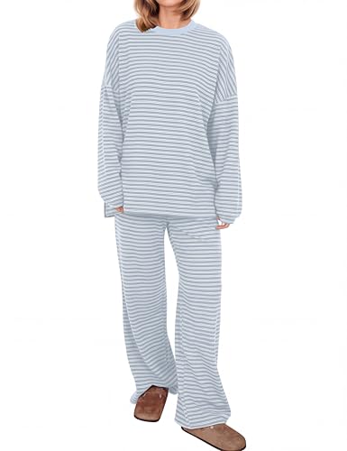 Image of MISSACTIVER Women's 2 Piece Striped Lounge Set Long Sleeve Oversized T-Shirt Wide Leg Pants Matching Pajamas Set
