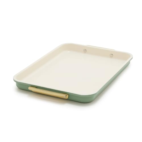 Image of GreenPan Bakeware 13" x 9" Quarter Sheet Pan, Ceramic Nonstick Baking Pan, PFAS & BPA Free, Gold Handles, Durable Steel, Versatile & Space Saving Ovenware, Freezer to Oven Dish, Sage Green