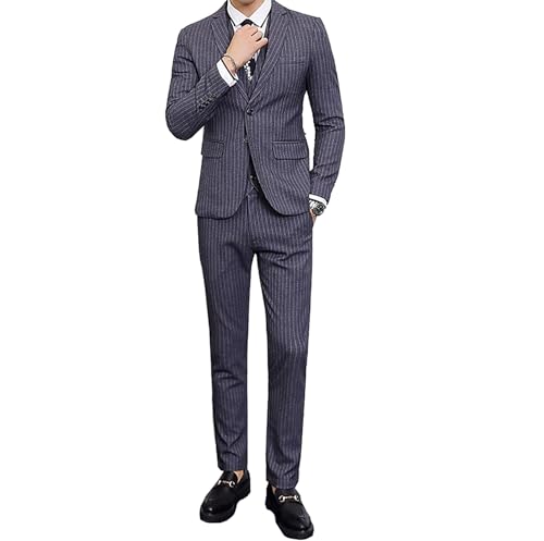 Mens Pinstripe Suit 3 Piece Slim Fit Casual Dress Suits Blazer+Vest+Pants