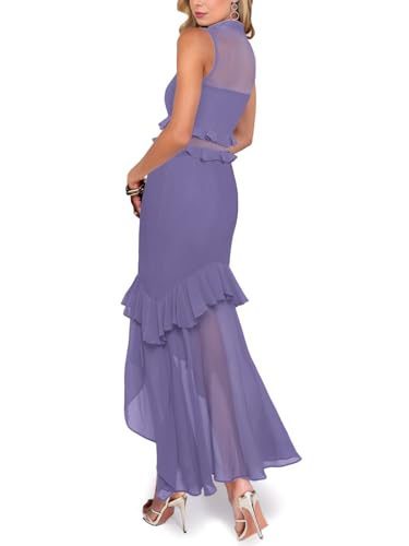Image of Aisbei Women's Elegant Bodycon Maxi Dress Mock Neck Sleeveless Mesh Ruffle Dress Party Cocktail Formal Wedding Guest Dresses