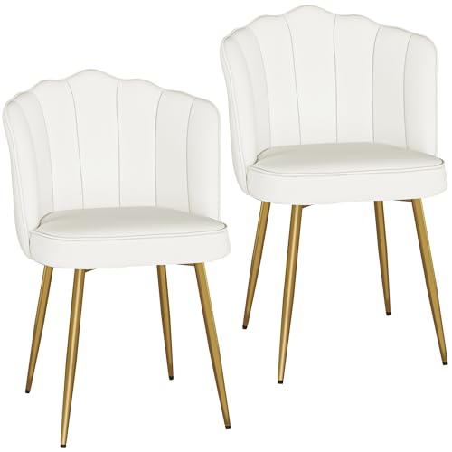 VECELO Velvet Dining Chairs Set of 2 Modern Upholstered Kitchen Chairs with Thick Cushions Curved Padded Backrest and Metal Legs for Kitchen Dining Room Living Room White