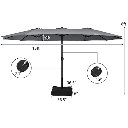 Image of Tangkula 15FT Double-Sided Patio Umbrella with Base, Extra-Large Market Umbrella W /Crank System, Outdoor Twin Umbrella W / 12-Rib Metal Structure & Air Vents for Garden, Backyard, Poolside (Gray)