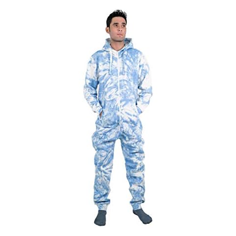 NOROZE Fleece Onesie for Mens, Tie Dye Unisex Onesies, Men's Nightwear with Hoodie Warm Pyjamas for Adult, Women Men Sleepsuit w/Handmade Tie Dye Print (XXL, Blue) Cover