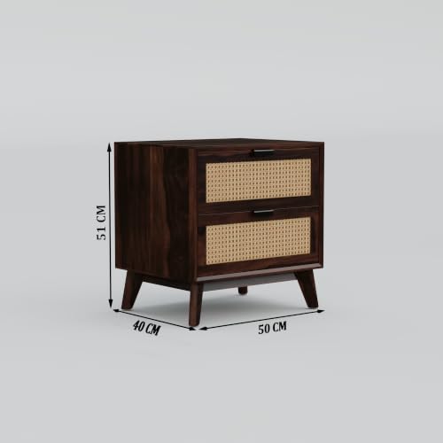 Image of Solid Sheesham Wood Bedside Table with 2 Cane Rattan Drawers | Wooden Nightstand with Spacious Storage (Walnut Finish)