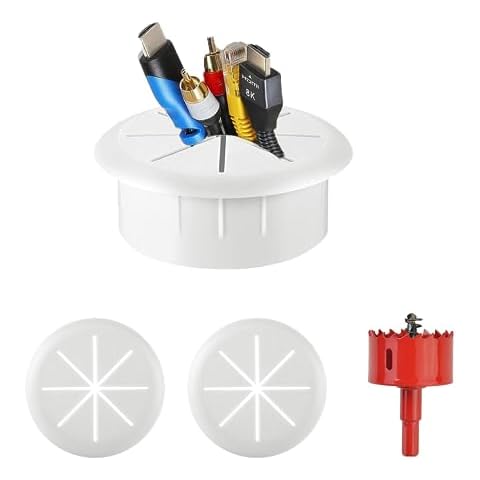 Cord Hider for Wall Mounted TV, 2-3/8" TV Wire Hider for Wall, in Wall Cable Management Kit, Desk Cord Grommets Wire Cable Hole Cover, Includes 2 Pass Throughs and Hole Saw Drill Attachment Cover