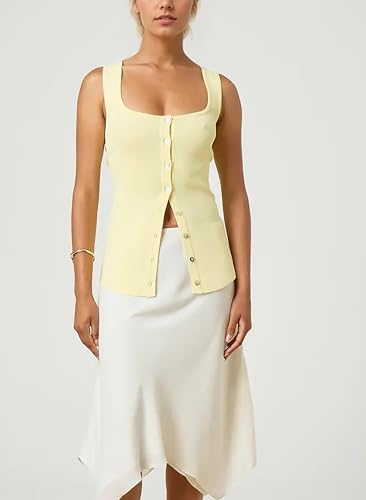 Women Square Neck Button Down Knit Tank Top Button-Up U Neck Sleeveless Backless Solid Slim Sexy Sweater Vest Tops4