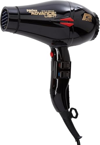 Parlux Advance Light Ionic and Ceramic Hair Dryer in Black. Powerful Quiet Lightweight Blow Dryer with 2 Speed Controls 4 Heat Settings & 2 Nozzle Attachments. Made with Recycled Materials.