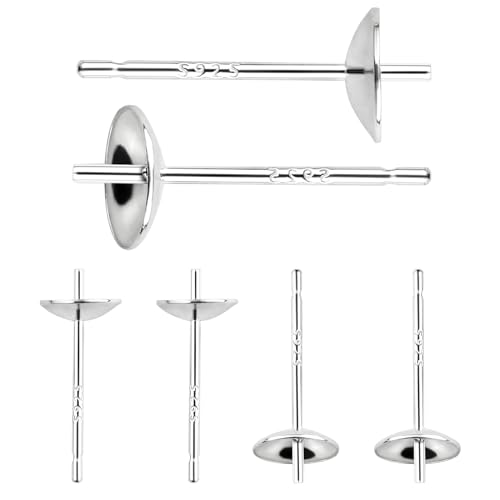 3 Pairs Hypoallergenic 925 Sterling Silver Earrings Posts Pearl Cup Pad Blank Earring Pin Studs with Silicone Earring Backs for Jewelry Making Findings