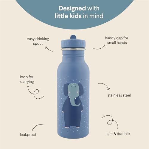 Trixie Baby Trinkflasche aus Edelstahl, 350ml/500ml, Auslaufsicher, mit Tragekordel, Schlanke Form für Kleine Hände, Bruchsicher, ab 3 Jahren (Mrs. Elephant, 500ml)