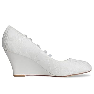 JIAJIA 1217524 Damen Brautschuhe Geschlossene Zehe 7,5 cm Keilabsatz Spitze Satin Pumps Strass Hochzeitsschuhe – Bild 7