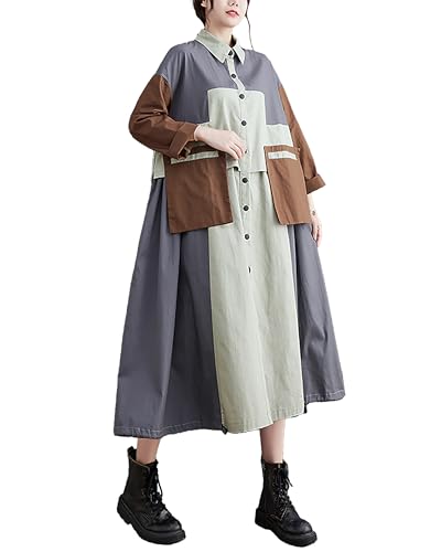 Image of ellazhu Women's Shirt Dress Button Down Lapel Color Block Two Side Pockets Loose Oversize Fall GZ246