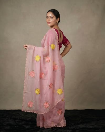Image of Handcrafted Floral Embroidered Saree with Contrast Blouse