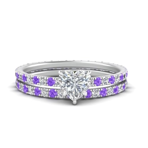 Image of 55Carat Choose Your Gemstone Classic Delicate Diamond CZ Wedding Set sterling silver Heart Shape Wedding Ring Sets Ornaments Surprise for Wife Symbol of Love Clarity Comfortable US Size 4 to 12