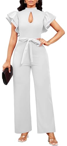 Elegant White Jumpsuits for Women Work Dressy Sexy Cocktail Short Sleeve Long Straight Pants Wedding Guest Jumpsuit with Zipper(Large)
