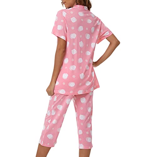 Image of Tugege Capri Pajamas Set Womens Button Down Short Sleeve Lounge Sets Sleepwear Notch Collar Top & Capri 2 Piece PJ Sets