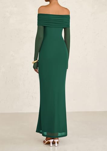 Image of PRETTYGARDEN Fall Dresses for Women 2025 Elegant Off The Shoulder Long Sleeve Formal Wedding Guest Bodycon Maxi Dress(Green,Small)