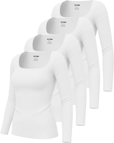 Xaatren 4 Pack Womens Underscrub Square Neck Scrubs Cotton Undershirts for Nurse with Soft Fabric Comfort Tee Medical Clothes(White,White,White,White,Large)
