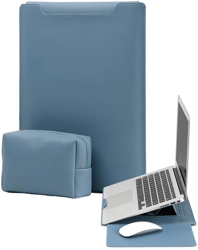 YealRed 13,3 - 14 polegadas Capa para MacBook/iPad/Surface/Lenovo/HP e outros portáteis, fabricado em couro PU com suporte e tapete de rato, bolsa para guardar o carregador - azul acinzentado