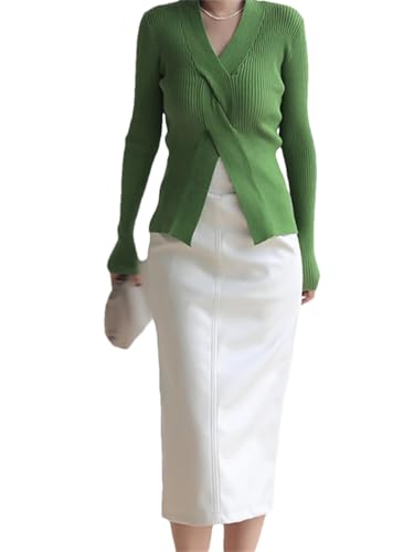 Women Midi Pu Leather Skirt Long High Waisted Pencil Skirts Side Slit Zipper Skirt