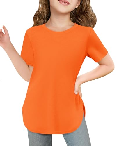 Image of Haloumoning Girls Summer Short Sleeve Shirt Kids Crewneck Curve Hem Soft Tunic Tops T-Shirts 5-14 Years