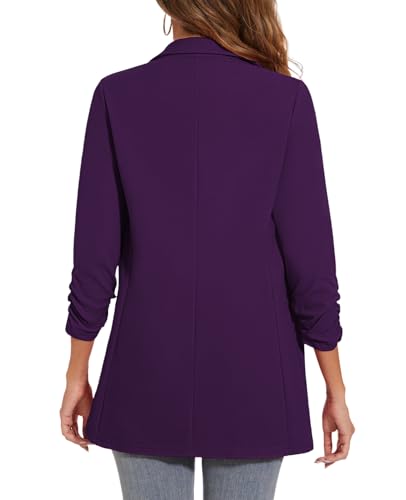 Women's Long Blazer Jackets Button Front Lapel Ruched 3/4 Sleeve Business Casual Office Work Lightweight Blazers2