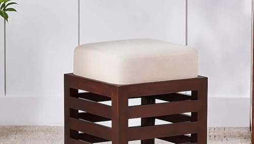 Image of Multipurpose Wooden Puffy for Sitting, Dressing Table, & Footrest Solid Wood Stool with Cushion for Living Room & Bedroom Balcony etc. (Brown b)