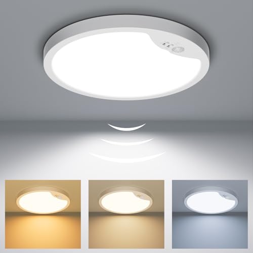 Lampe Deckenlampe mit Bewegungsmelder Innen 18W 1800lm Ø22 cm 3CCT 2700K6500K PIR Sensor mit Max. 6-10m Reichweite einstellbare Leuchtdauer & Dämmerungssensor IP44 Ideal für Flur Keller Bad